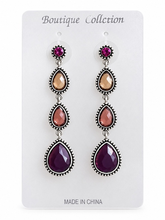 Unbranded Jewelry - Boho Purple Pink Teardrop Statement Drop Earrings Silver Tone Boutique Chic NWT